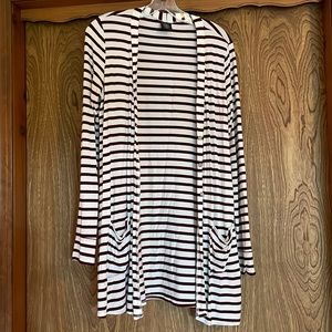 Burgundy and white striped cardigan, size small (runs large)